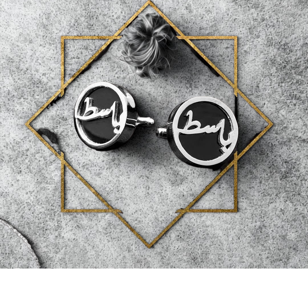 Customized Arabic Name Cufflinks for Men – Elegant Black & Silver Design - Image 2