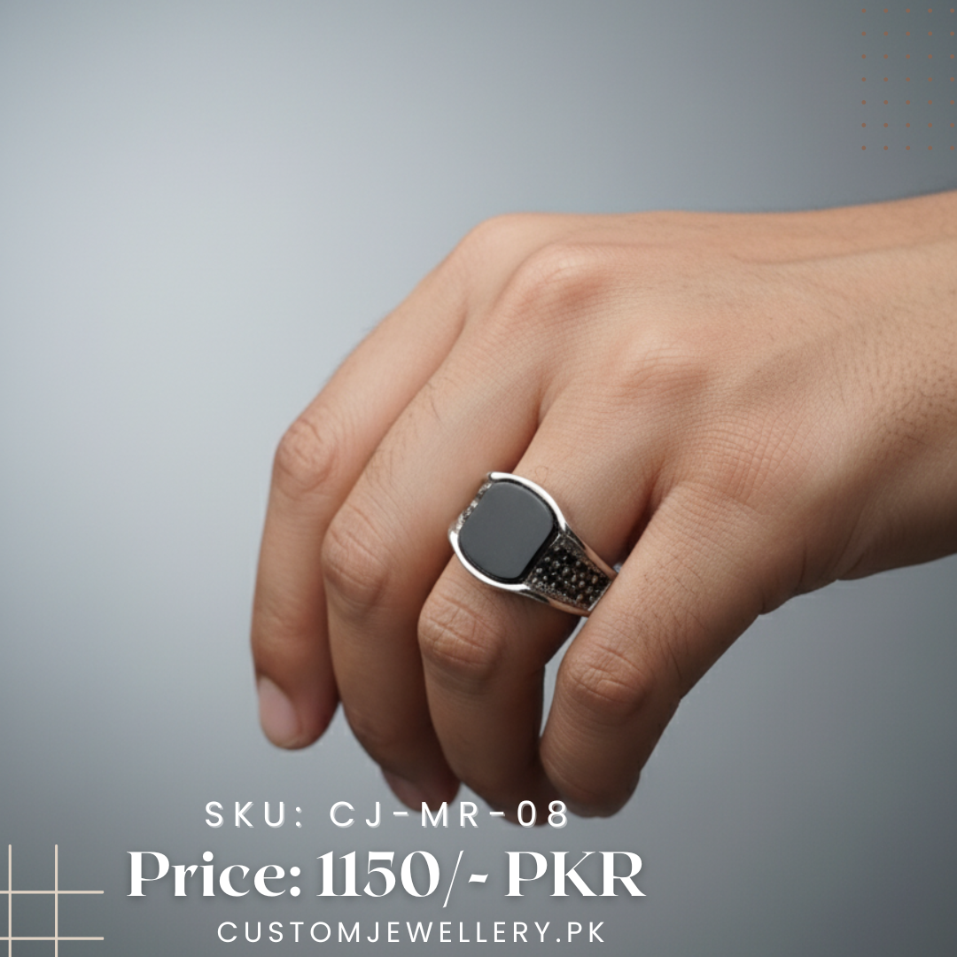 Men Black Stone Silver Ring