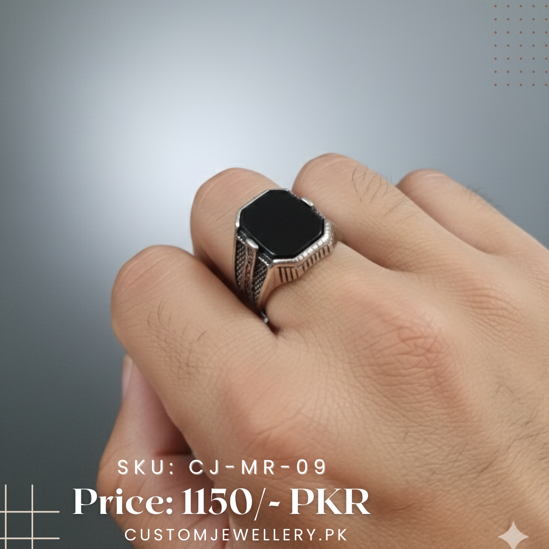 Men Octagonal Black Stone Silver