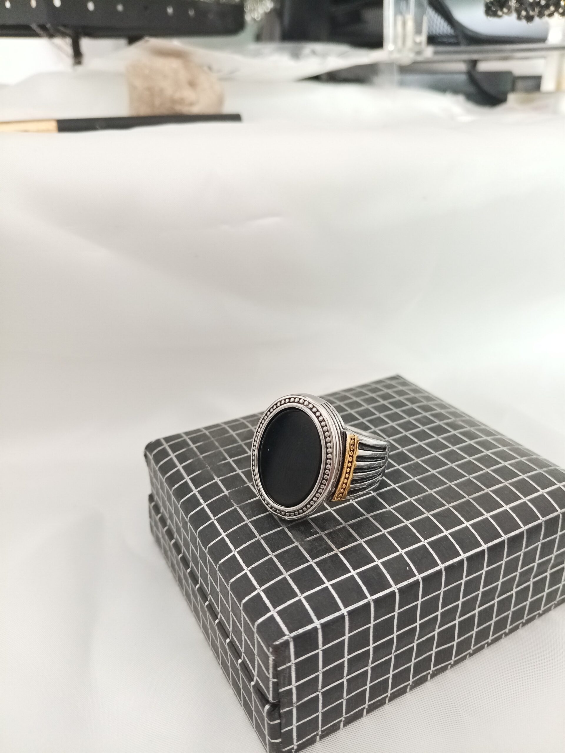 Turkish Men Oval Black Stone Silver Ring - Image 2