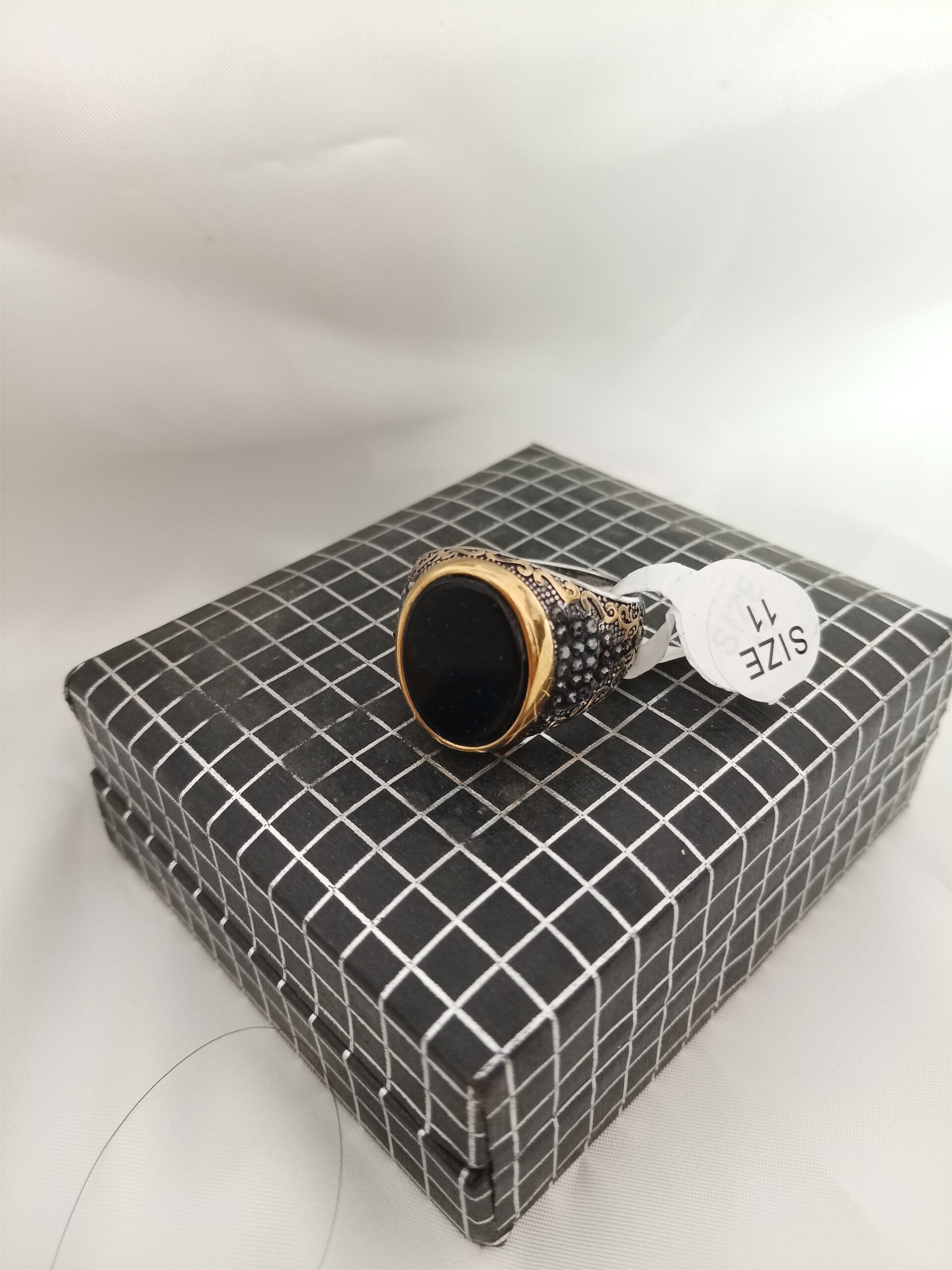 Turkish Men Black Onyx & Silver Statement Ring with Gold - Image 2