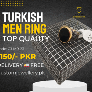 Turkish Men Black Onyx & Silver Statement Ring with Gold
