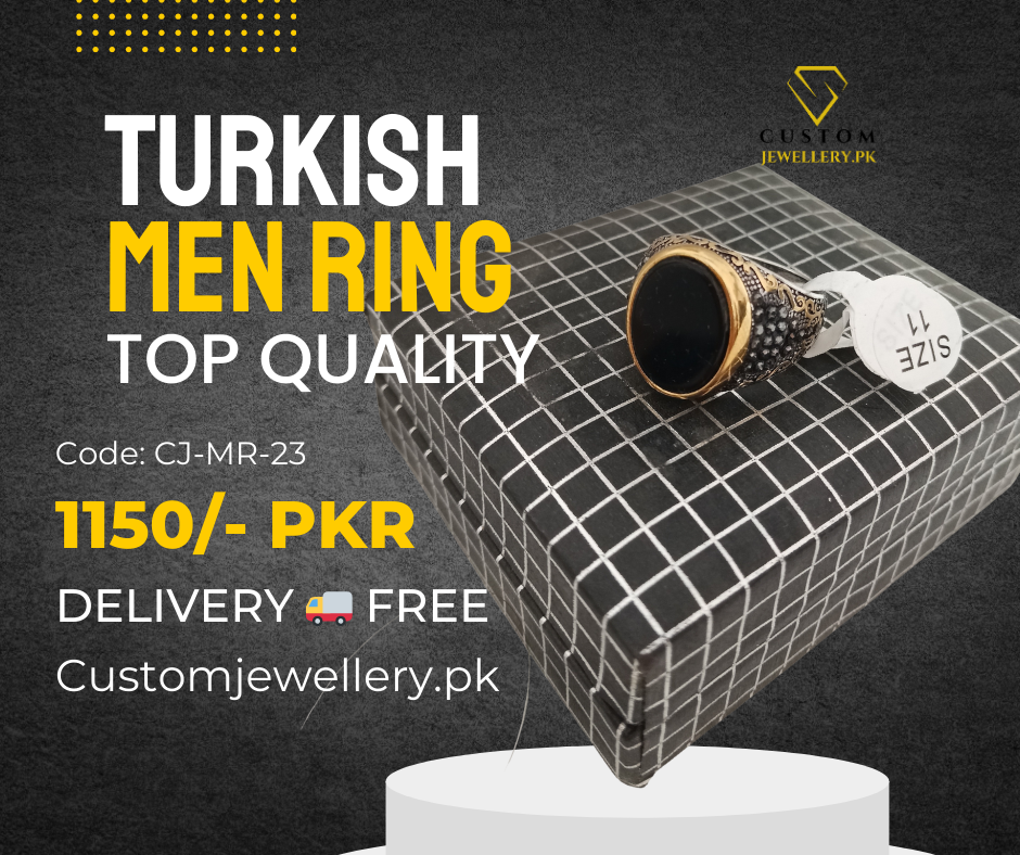 Turkish Men Black Onyx & Silver Statement Ring with Gold