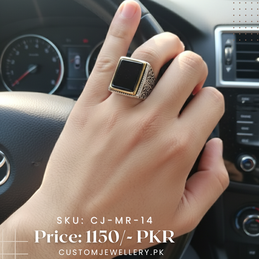 Men Black Onyx & Silver Statement Ring with Gold Accent