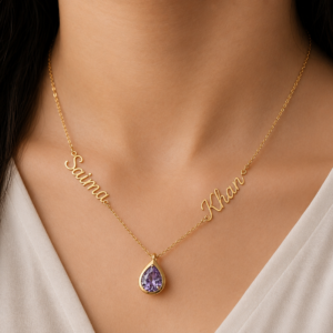 Personalized Double Name Necklace with Birthstone Pendant – 18K Gold Plated Custom Name Necklace